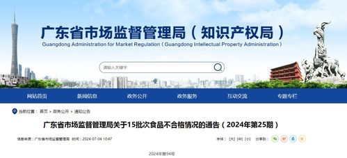 廣東省市場監(jiān)督管理局關(guān)于15批次食品不合格情況的通告（2024年第25期）